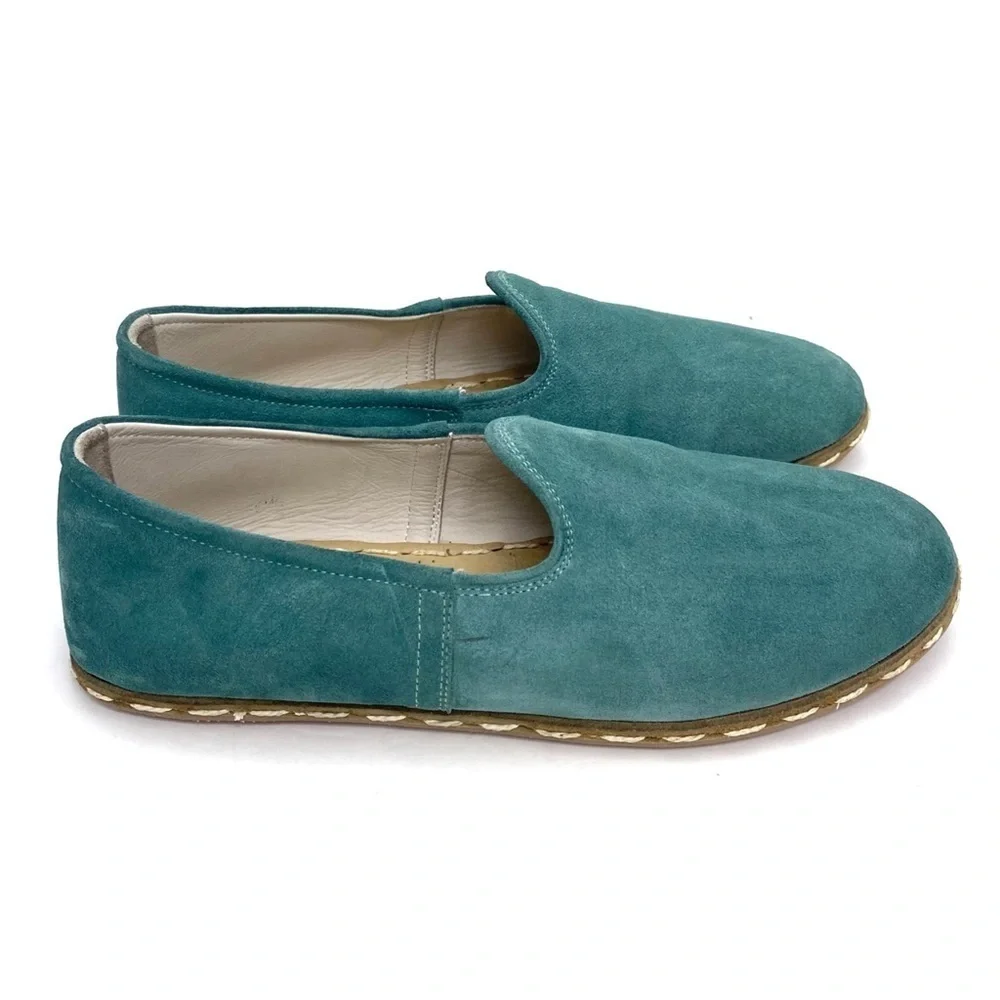 THE Bespoky Suede Handmade Flat Slip On Loafer In Aqua green Size 41